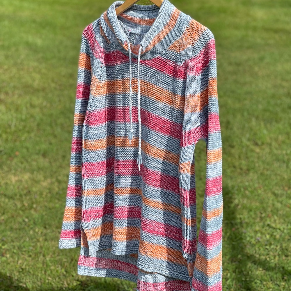JJill Cotton Linen Blend Striped Sweater Size L Pink Blue Orange and White